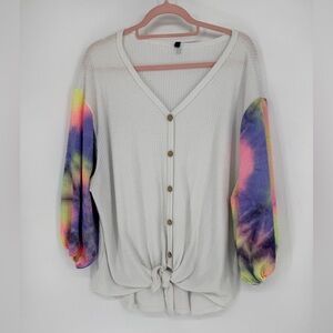 Glitzy Girlz V-Neck Button-Down Top with Tie-Dye Sleeves & Tie Front Size XXXL